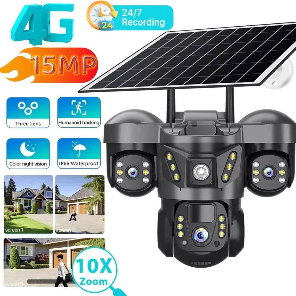 Solar 4G Outdoor Security Camera with 3 Lenses & 10X Zoom - Nic's Electronics