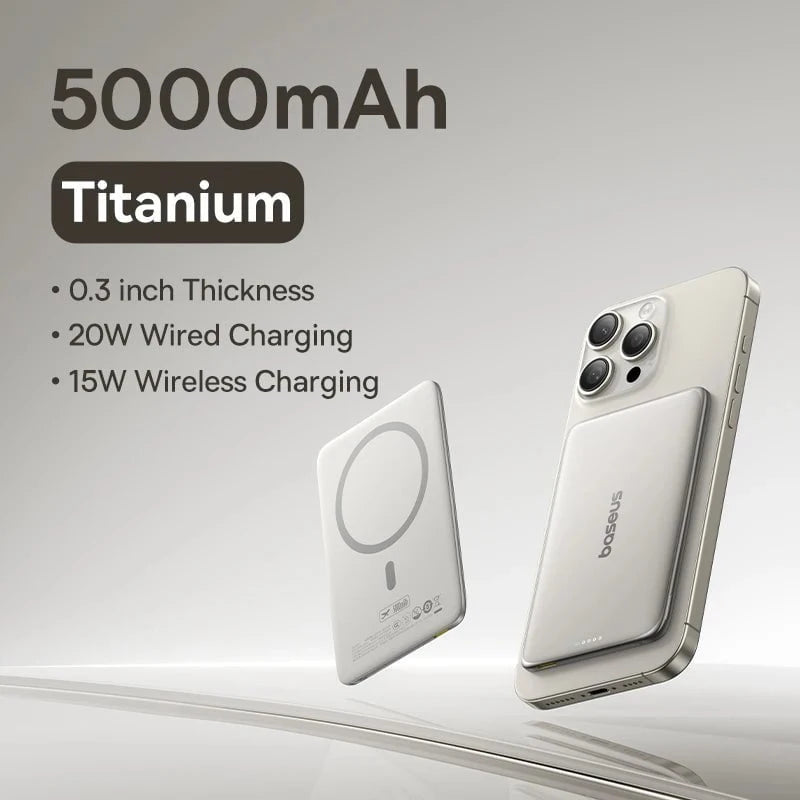 Nic's Electronics Titanium / 5000mAh / CHINA Baseus 5000mAh Magnetic Power Bank 15W Wireless 20W Wired Charging Thin Card-Sized Slim Portable Powerbank for iPhone Samsung