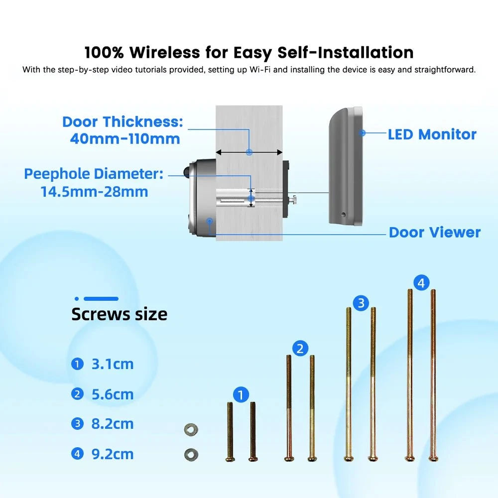 Nic's Electronics Tuya Smart 3MP 140° Wide View Angle Mini Digital Peephole Eye Viewer WiFi IR PIR Detection Doorbell Door Camera Alexa Google