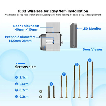 Nic's Electronics Tuya Smart 3MP 140° Wide View Angle Mini Digital Peephole Eye Viewer WiFi IR PIR Detection Doorbell Door Camera Alexa Google