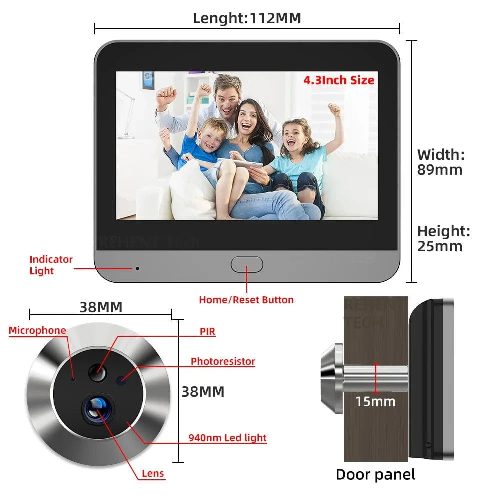 Nic's Electronics Tuya Smart 3MP 140° Wide View Angle Mini Digital Peephole Eye Viewer WiFi IR PIR Detection Doorbell Door Camera Alexa Google