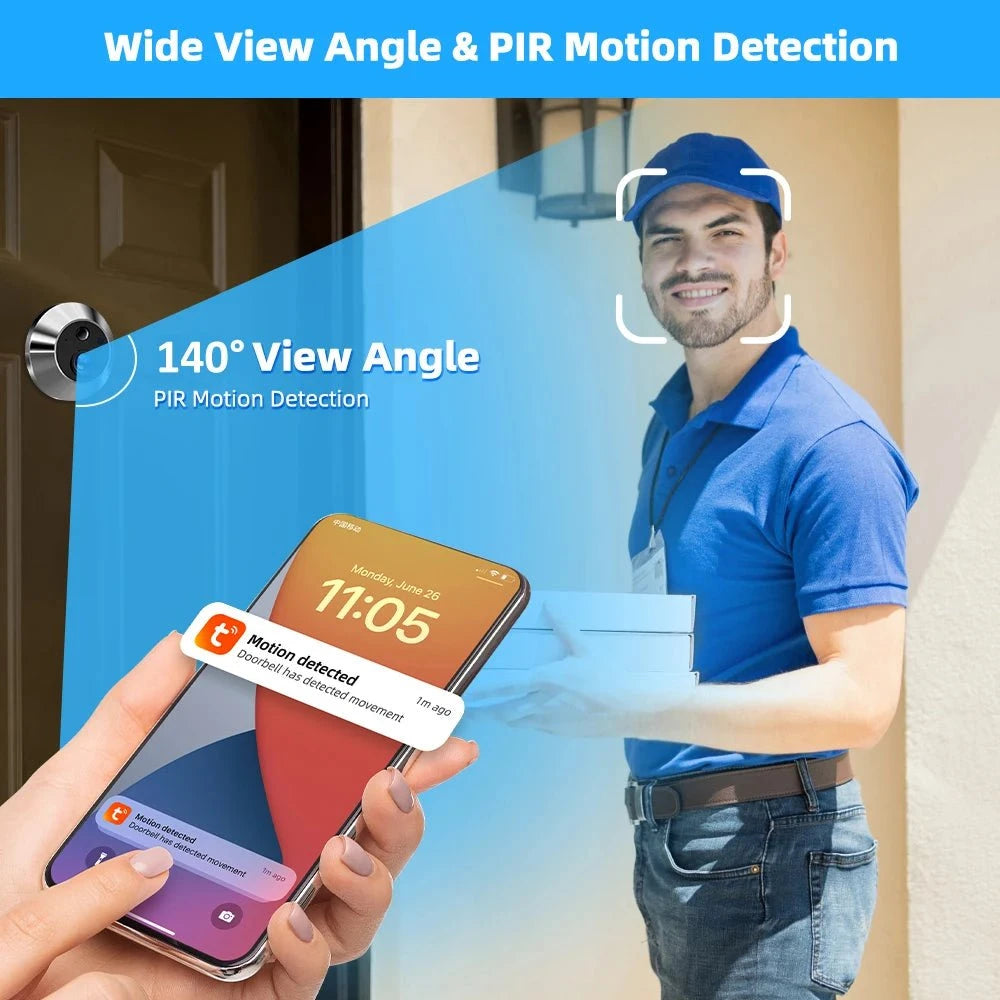 Nic's Electronics Tuya Smart 3MP 140° Wide View Angle Mini Digital Peephole Eye Viewer WiFi IR PIR Detection Doorbell Door Camera Alexa Google