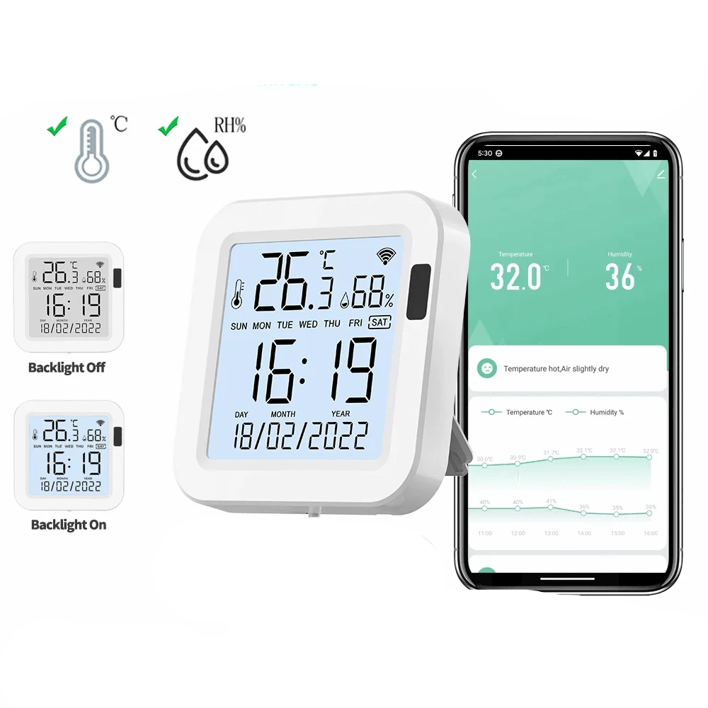 Nic's Electronics Tuya Temperature and Humidity Smart Sensor With Backlight for Smart Home var WiFi SmartLife Work with Alexa Google Assistant