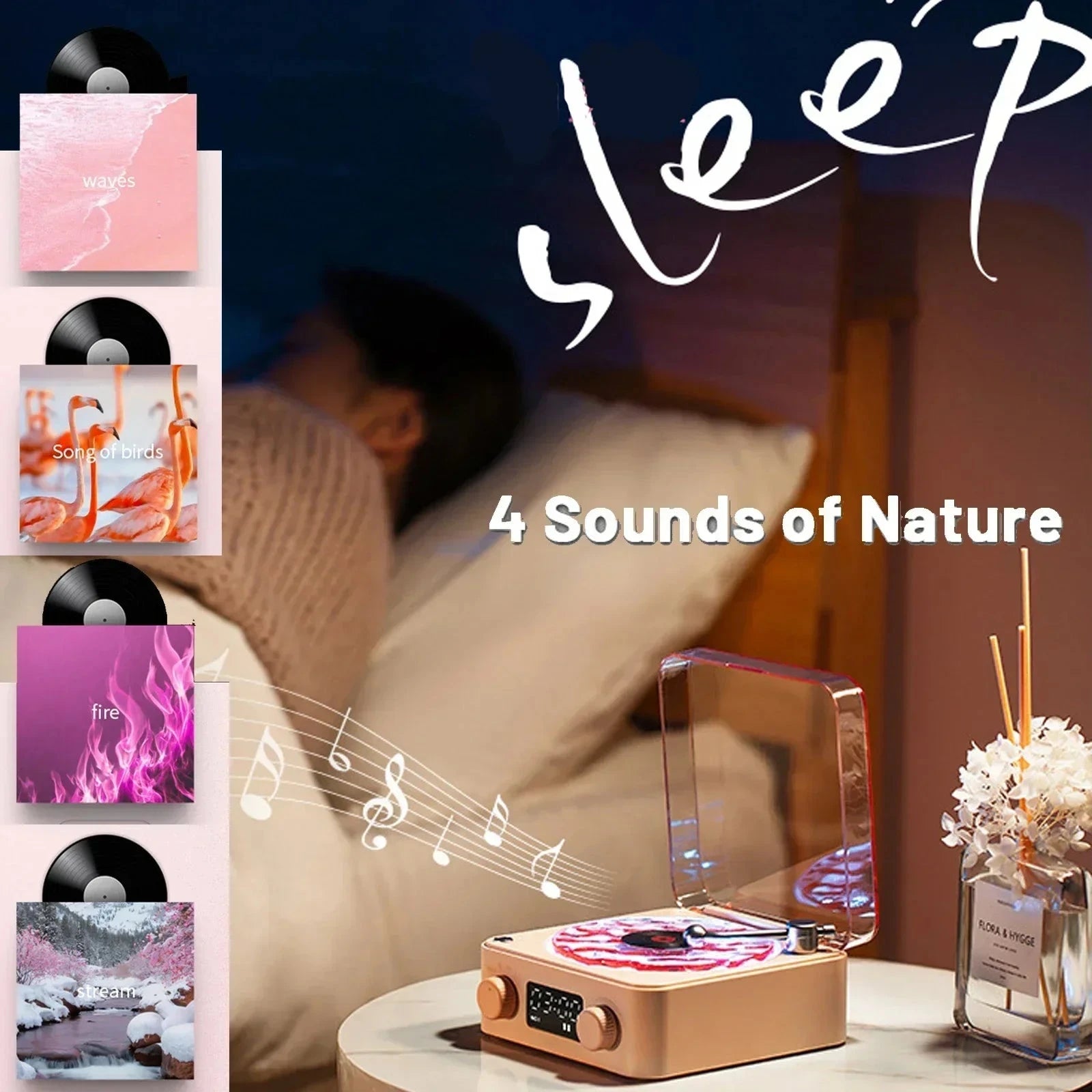 Nic's Electronics Waves Vinyl Player Bluetooth Speaker with White Noise Retro Turntable Speaker Sleep Aid Vitrola Shaped Speaker with RGB Light
