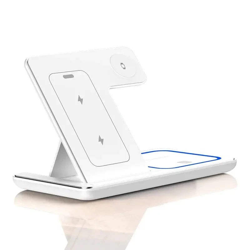 Nic's Electronics white 30W 3 in 1 LED Fast Wireless Charger Stand Foldable Charging Station For iPhone 15 14 13 12 11 Apple Watch 9 8 7 6 5 Airpods Pro
