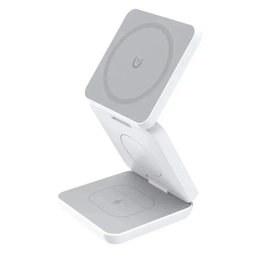 Nic's Electronics White Foldable 3 In 1 Wireless Charging Station For iPhone 15 14 13 12 AirPods 3/2 iWatch 9 8 7 for Samsung Galaxy Magnetic Charger