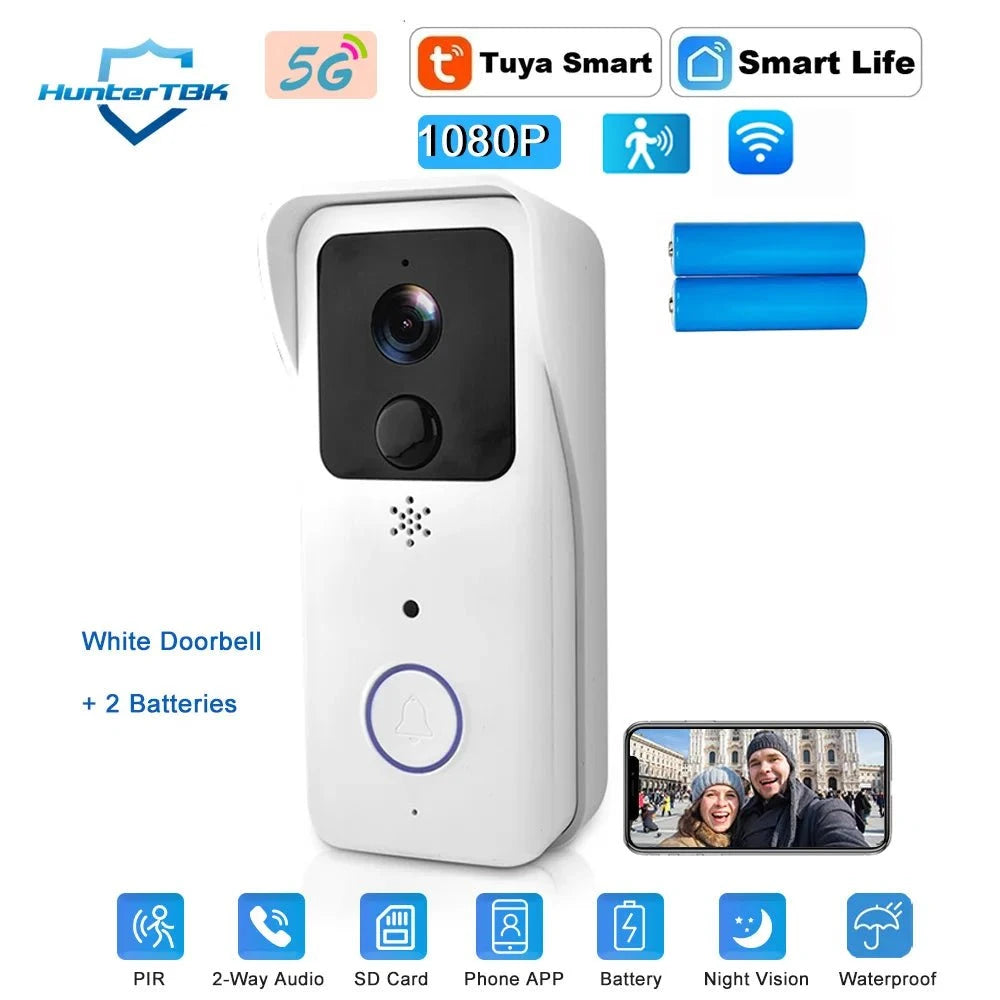 Nic's Electronics White Option 1 / EU Plug 5G 2.4G WiFi Video Doorbell 1080P Tuya Smart Outdoor Wireless Intercom Waterproof Wireless Camera Ringing Bell