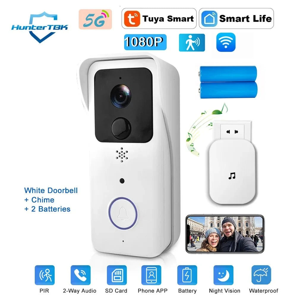Nic's Electronics White Option 2 / EU Plug 5G 2.4G WiFi Video Doorbell 1080P Tuya Smart Outdoor Wireless Intercom Waterproof Wireless Camera Ringing Bell