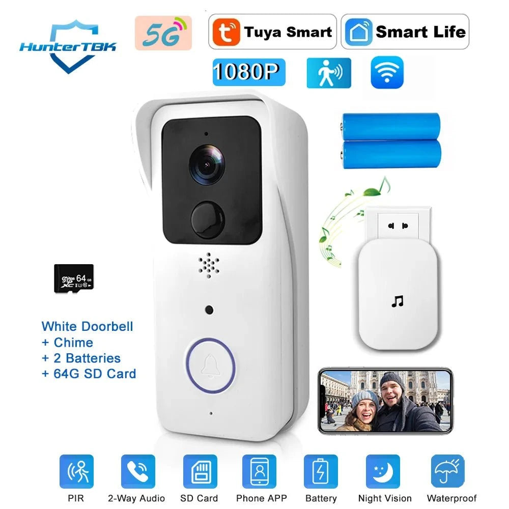 Nic's Electronics White Option 3 / EU Plug 5G 2.4G WiFi Video Doorbell 1080P Tuya Smart Outdoor Wireless Intercom Waterproof Wireless Camera Ringing Bell