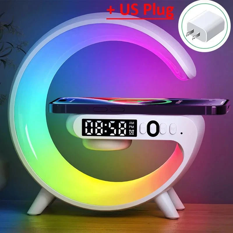Nic's Electronics White with US Plug Multifunction Wireless Charger Pad Stand Speaker TF RGB Night Light 15W Fast Charging Station for iPhone Samsung Xiaomi Huawei