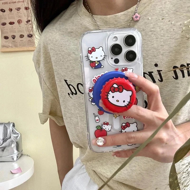 Nic's Electronics With Holder / For iPhone 12 Cute Sanrio Hello Kitty Magnetic Wallet Bracket Magsafe Wireless Charge Phone Case For iPhone 16 15 14 13 12 11 Pro Max Cover