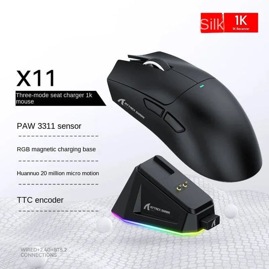 Nic's Electronics X11 Black Attack Shark X11 Triple Mode Connectivity, PAW3311 Bluetooth Mouse, Touch Magnetic Charging Dock, Ultra-Light Gaming Mouse
