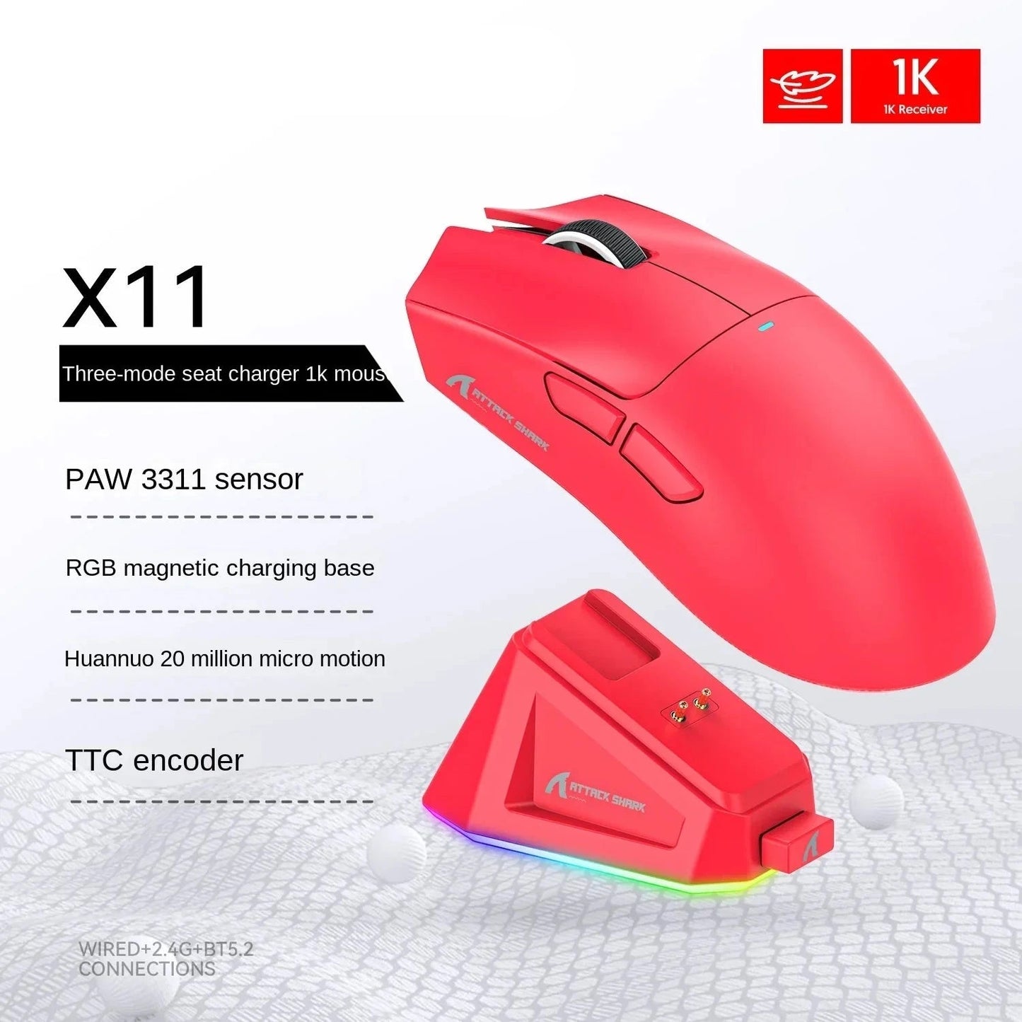 Nic's Electronics X11 Red Attack Shark X11 Triple Mode Connectivity, PAW3311 Bluetooth Mouse, Touch Magnetic Charging Dock, Ultra-Light Gaming Mouse