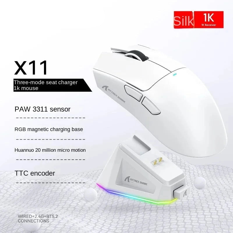 Nic's Electronics X11 White Attack Shark X11 Triple Mode Connectivity, PAW3311 Bluetooth Mouse, Touch Magnetic Charging Dock, Ultra-Light Gaming Mouse