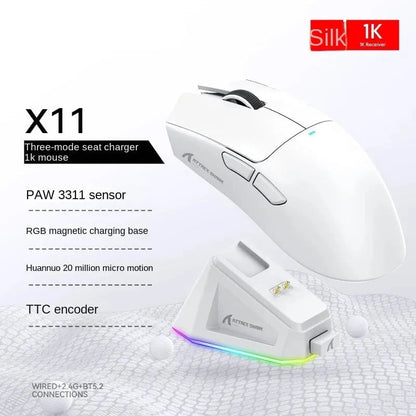Nic's Electronics X11 White Attack Shark X11 Triple Mode Connectivity, PAW3311 Bluetooth Mouse, Touch Magnetic Charging Dock, Ultra-Light Gaming Mouse