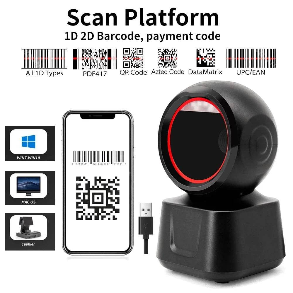 Nic's Electronics X6-600 2D Barcode Scanner Image Platform Durable Desktop Scanner 1D 2D QR Code Reader USB Omnidirectional High-speed Precision Scanner