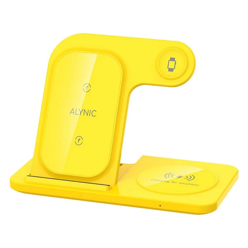 Nic's Electronics Yellow 30W 3 in 1 LED Fast Wireless Charger Stand Foldable Charging Station For iPhone 15 14 13 12 11 Apple Watch 9 8 7 6 5 Airpods Pro